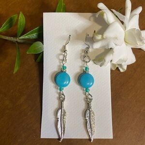 Turquoise and Silver Feather Dangle Earrings